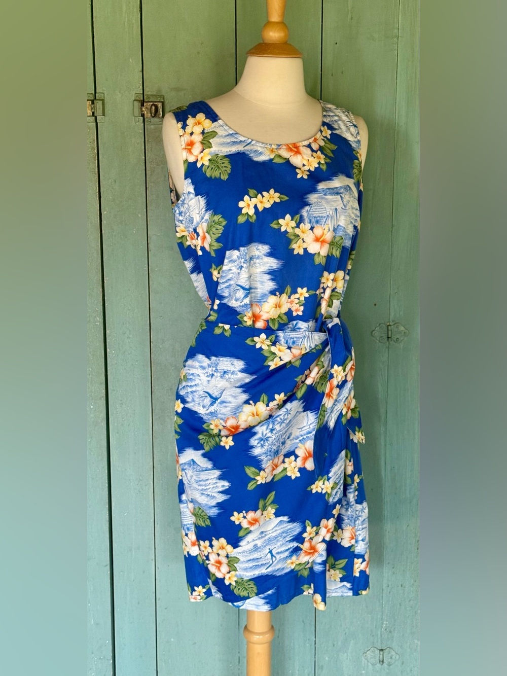 Hilo Hattie Hawaiian Dress Blue Sarong Wrap Surfer Floral Tropical Luau Cottn M+